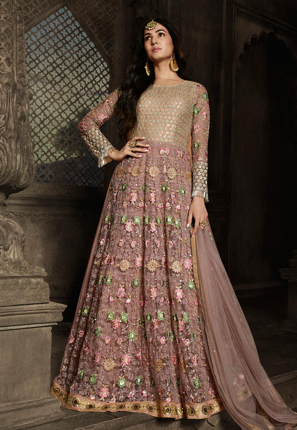 Sonal Chauhan Pink Net Floor Length Anarkali Suit 218258
