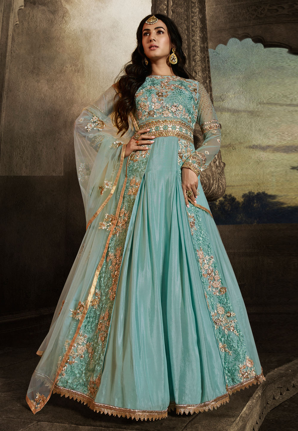Sonal Chauhan Sky Blue Net Designer Anarkali Suit 218260