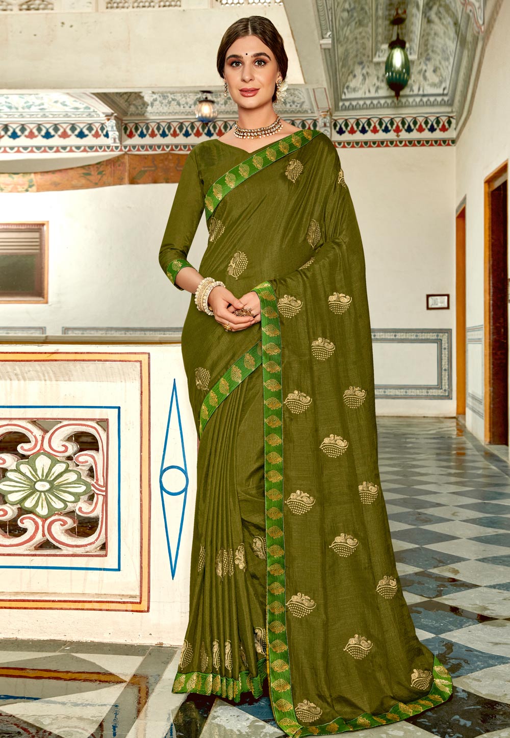 Mehndi Silk Saree With Blouse 247761