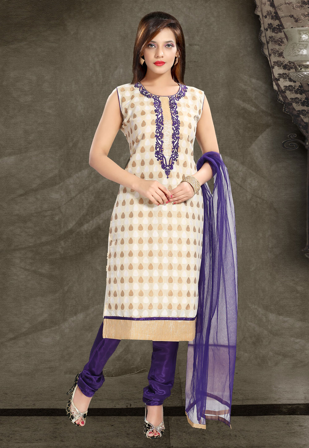 Cream Banarasi Silk Readymade Churidar Suit 194187