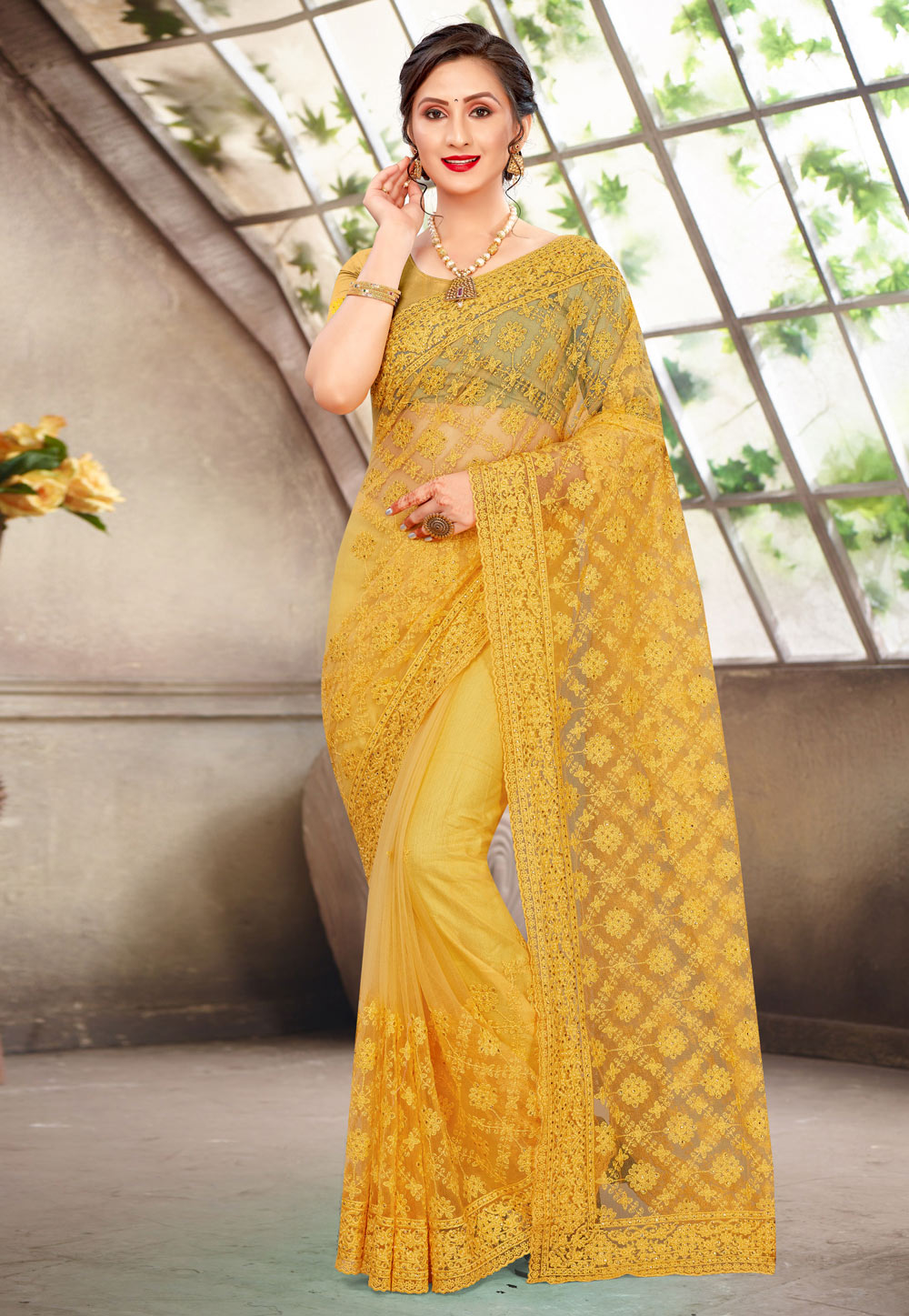 Yellow Net Saree With Blouse 228106