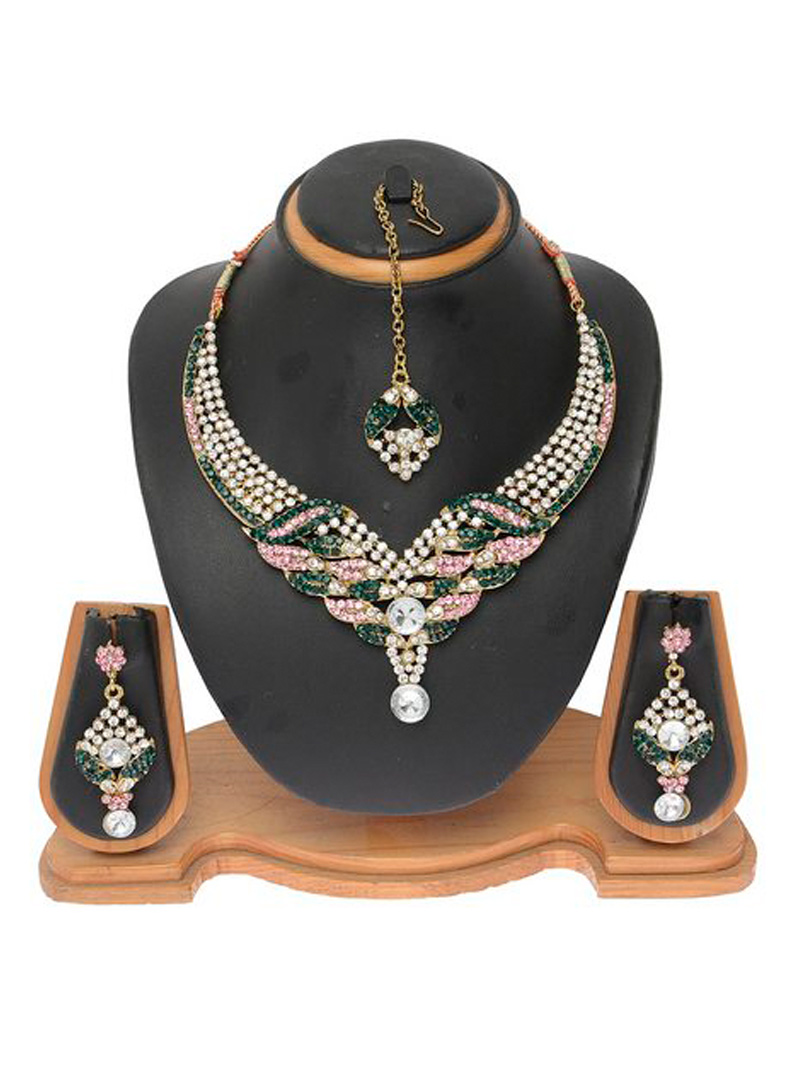 Green Alloy Austrian Diamond Necklace With Earrings and Maang Tikka 103708