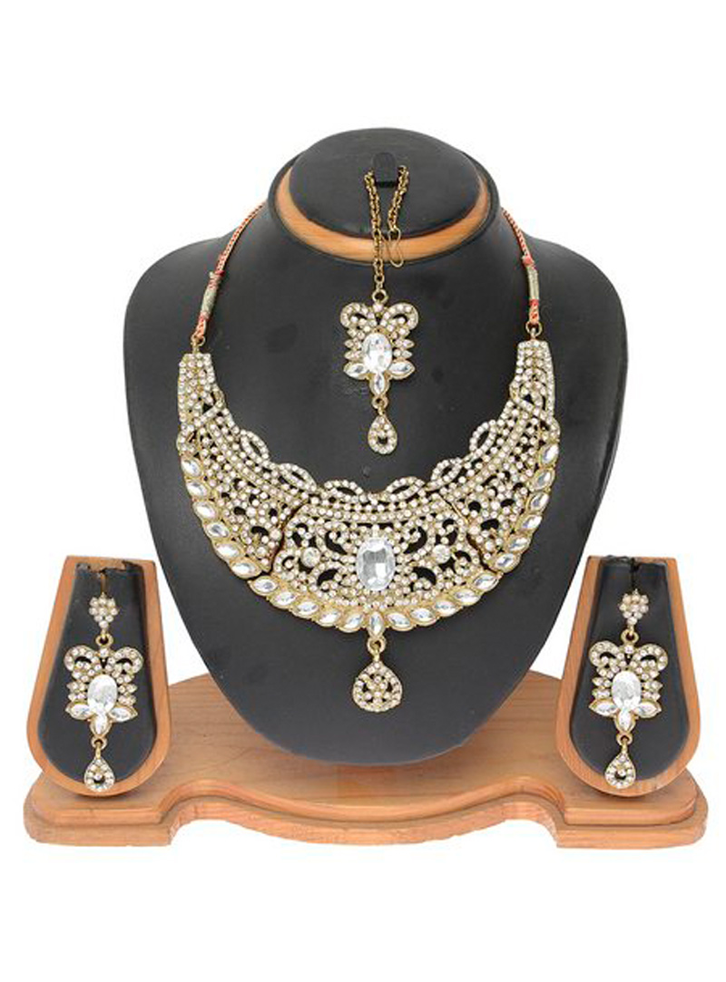 White Alloy Austrian Diamond Necklace With Earrings and Maang Tikka 103709