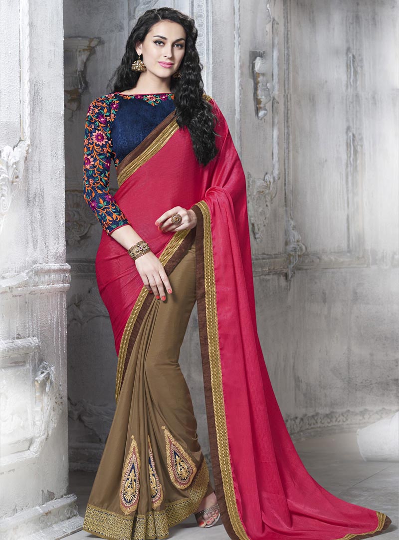 Pink Faux Chiffon Half and Half Saree With Blouse 63208