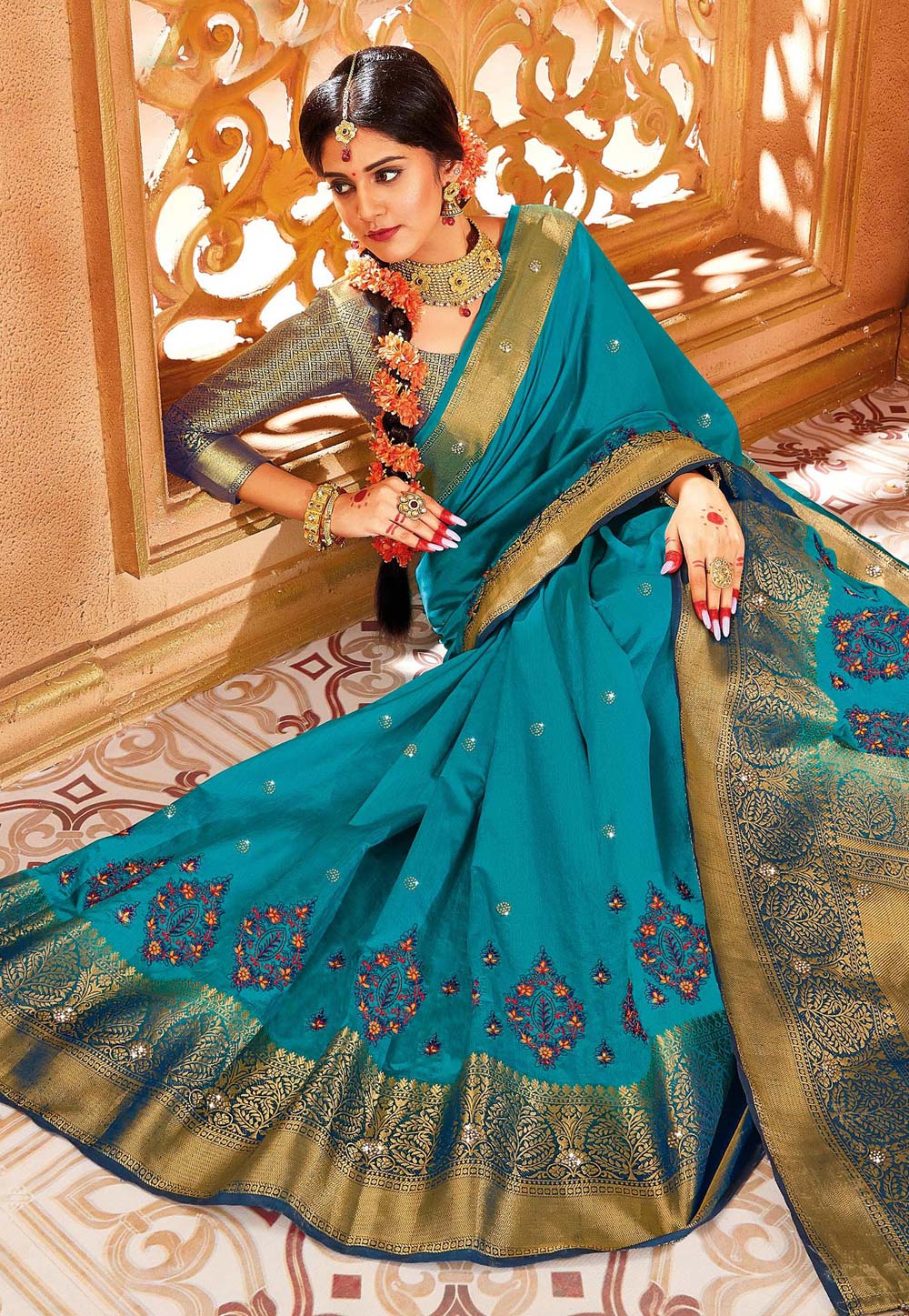 Turquoise Art Silk Saree With Blouse 195260