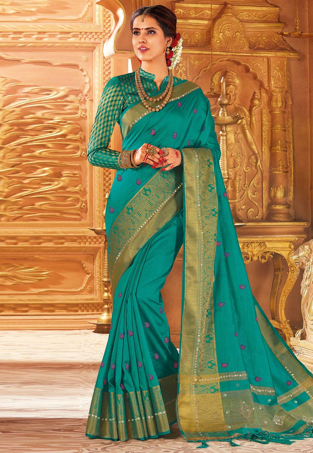 Turquoise Art Silk Saree With Blouse 195264