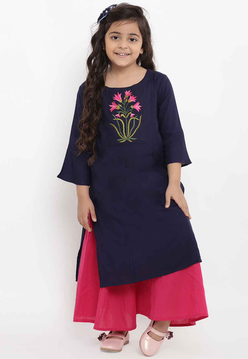 Navy Blue Cotton Readymade Kids Palazzo Suit 202879