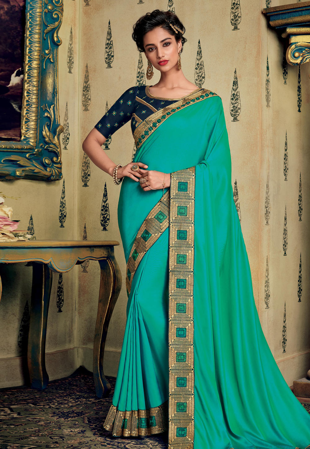 Turquoise Blue Art Silk Embroidered Festival Wear Saree 194851
