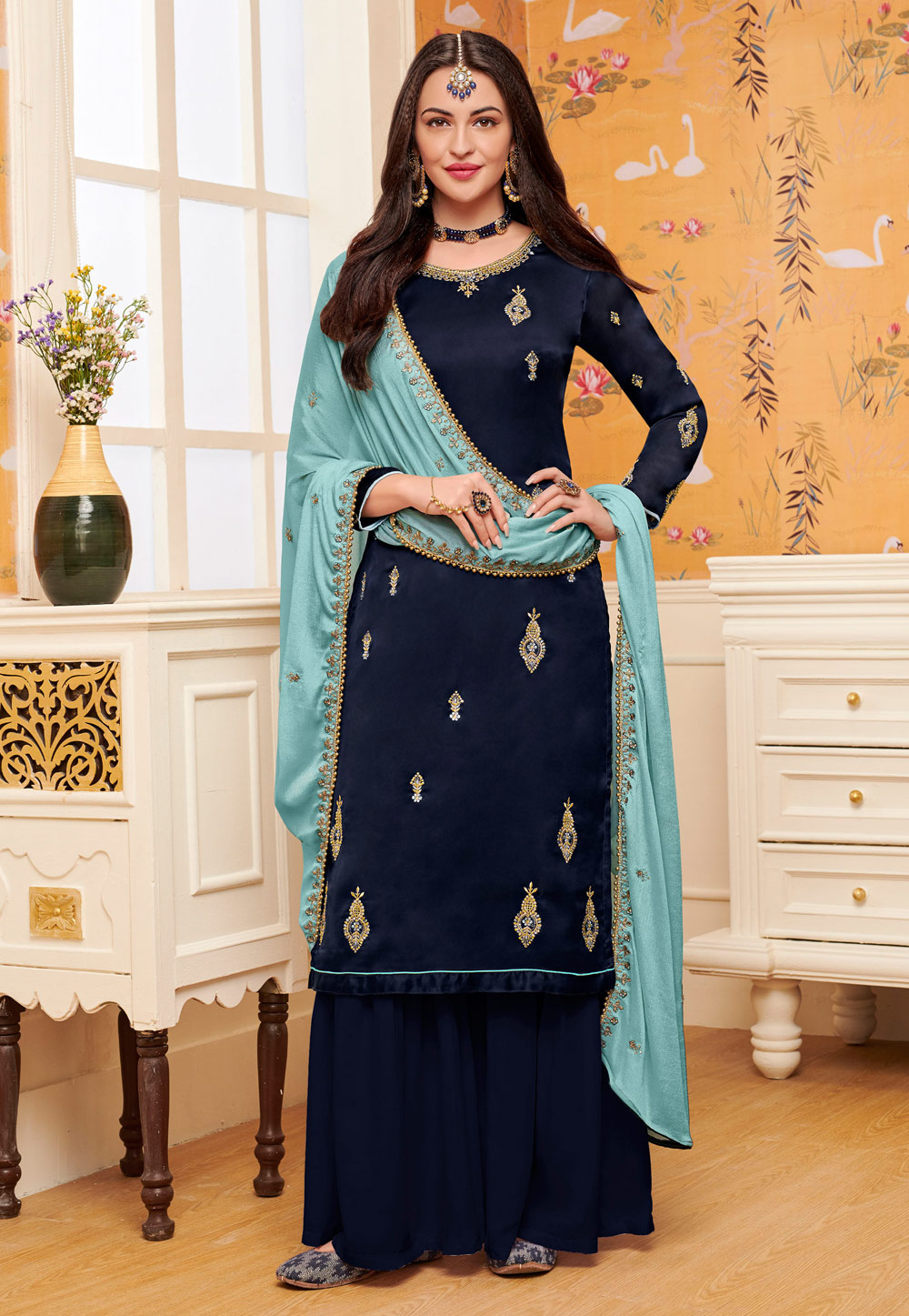 Navy Blue Satin Embroidered Sharara Suit 195321
