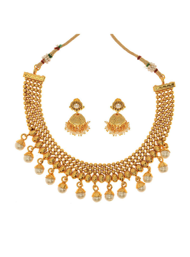 Golden Copper Pearl Necklace With Earrings 82950