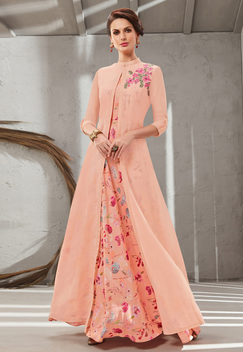 Peach Cotton Silk Readymade Gown With Jacket 199643