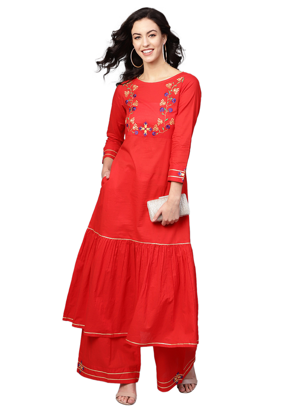 Red Pure Cotton Readymade Kameez With Palazzo 200733