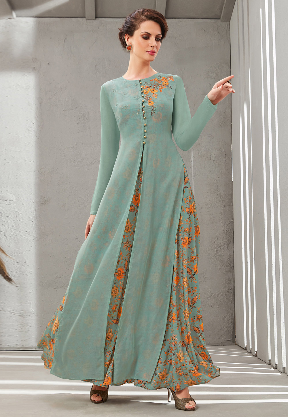 Sea Green Cotton Silk Readymade Gown With Jacket 199646