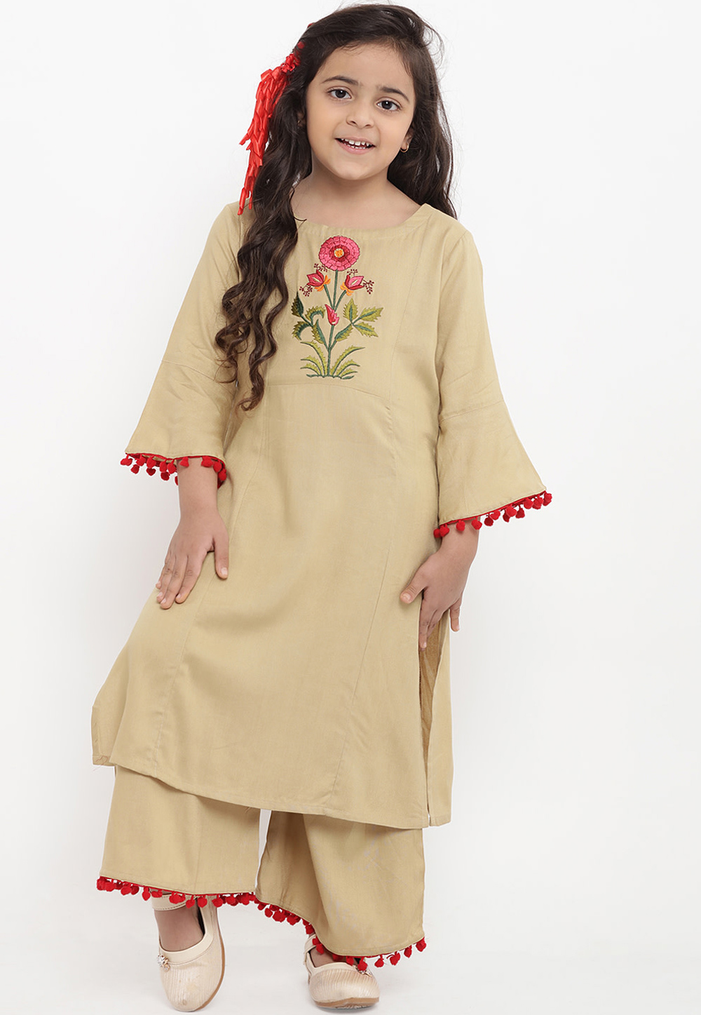 Beige Cotton Readymade Kids Palazzo Suit 202884