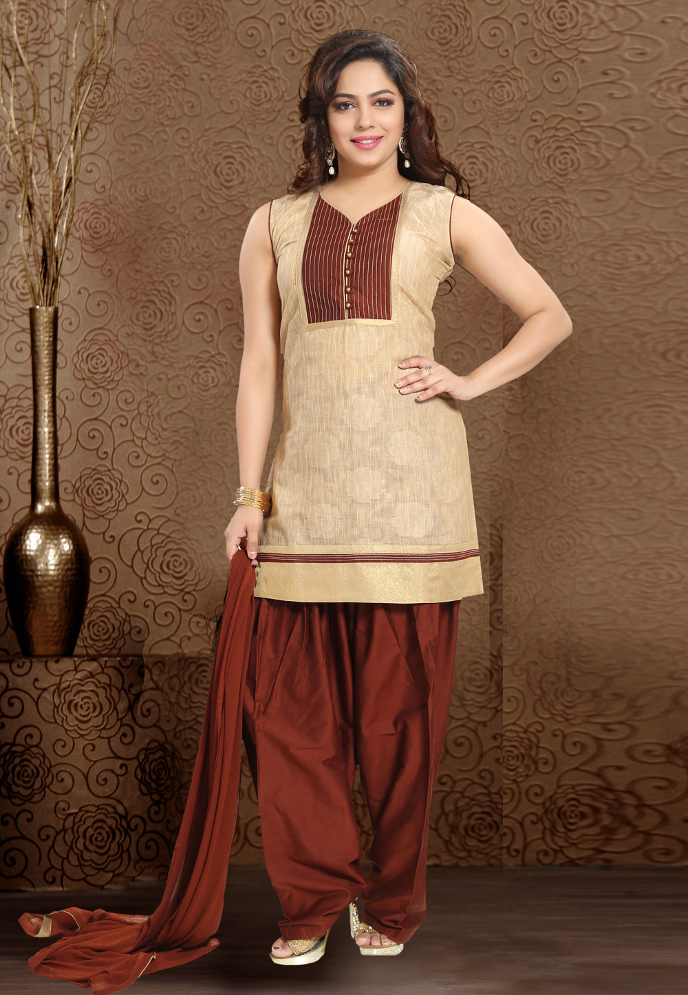 Beige Banarasi Silk Readymade Punjabi Suit 194234