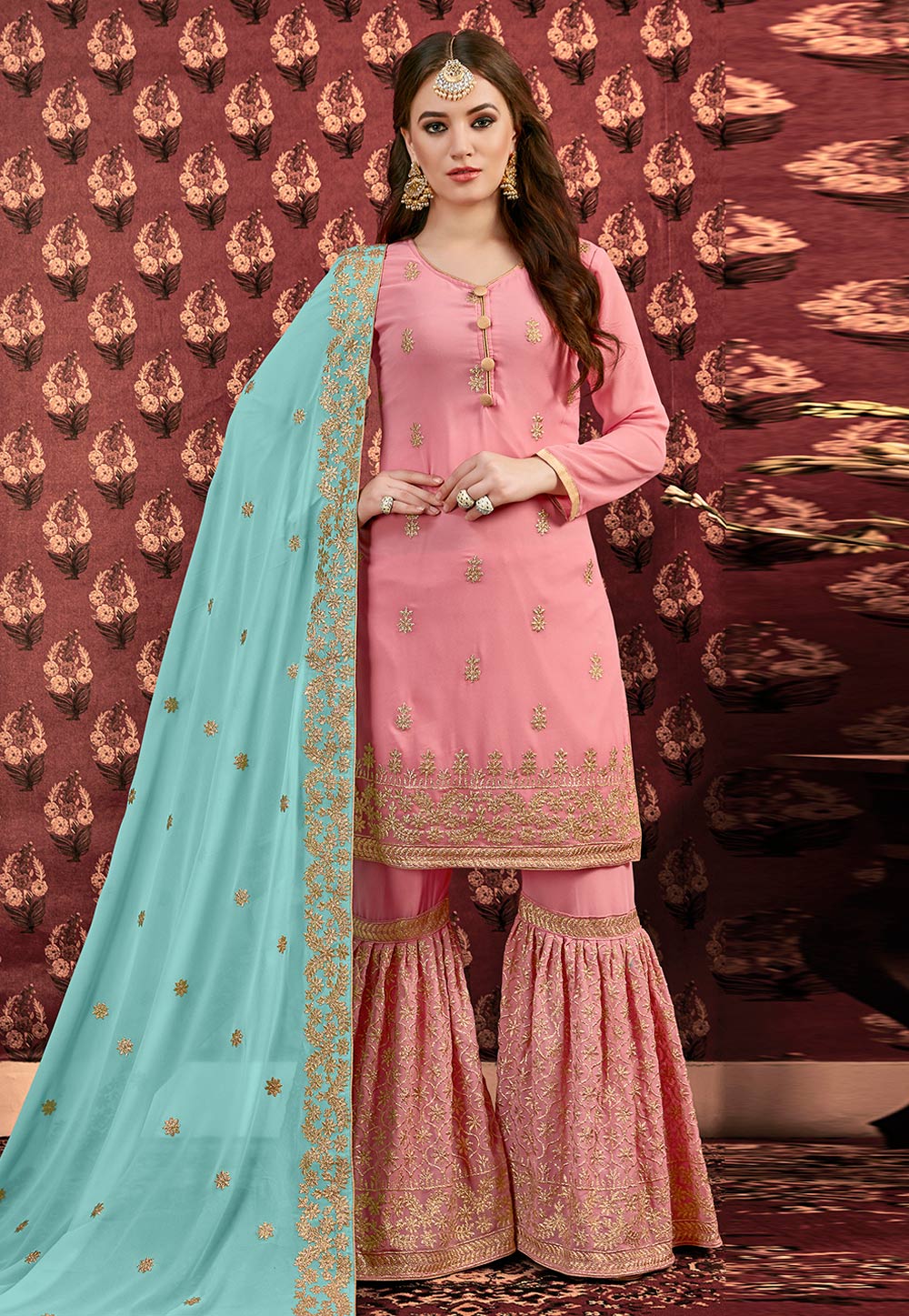 Pink Faux Georgette Embroidered Sharara Suit 177339