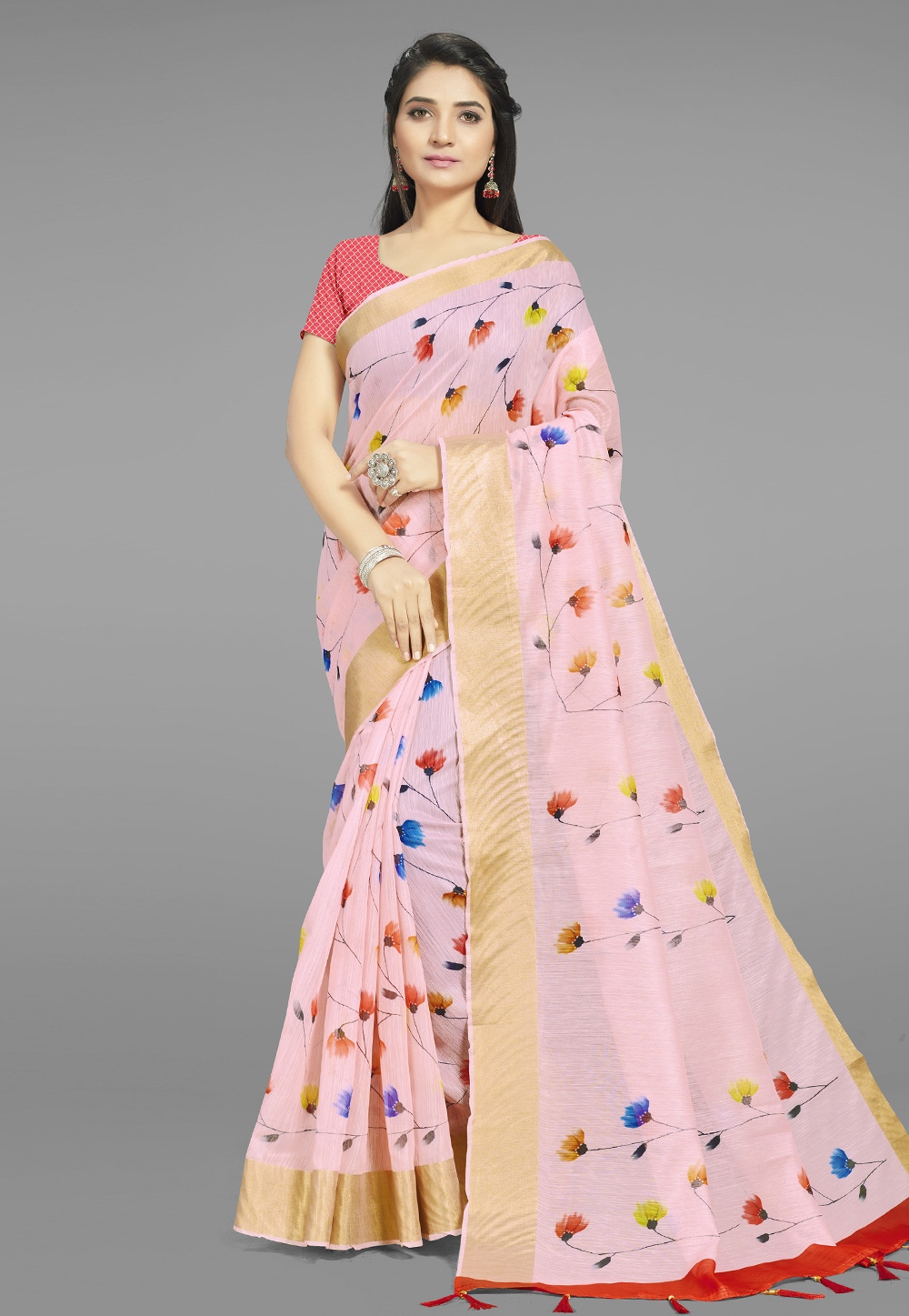 Pink Linen Printed Saree With Blouse 220419