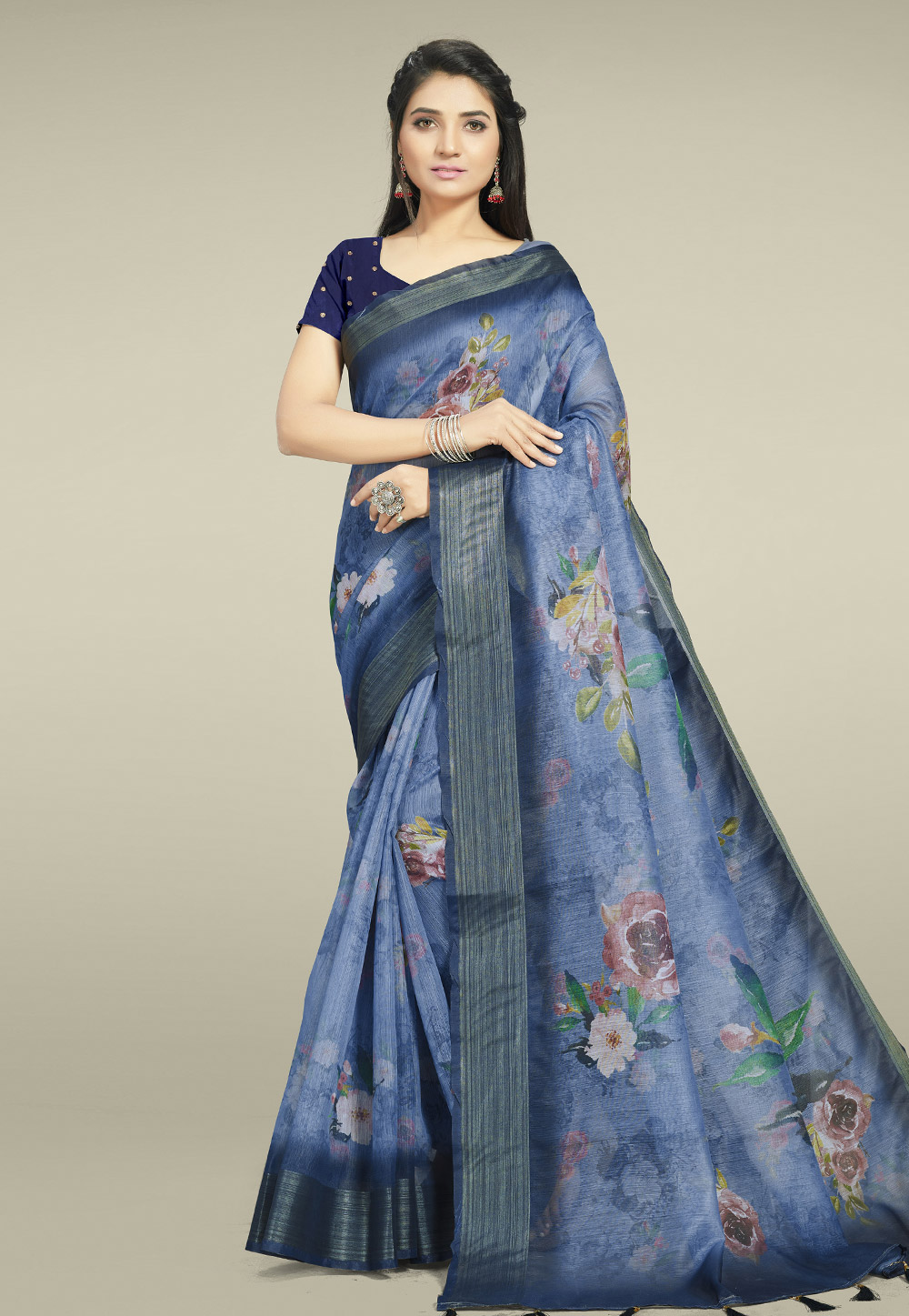 Sky Blue Linen Printed Saree With Blouse 220421