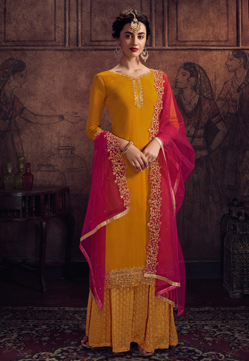 Mustard Georgette Kameez With Palazzo 208877