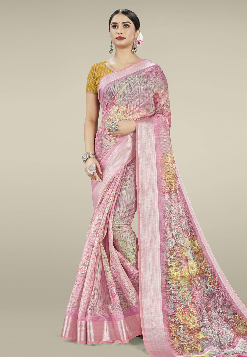 Pink Linen Saree With Blouse 220428