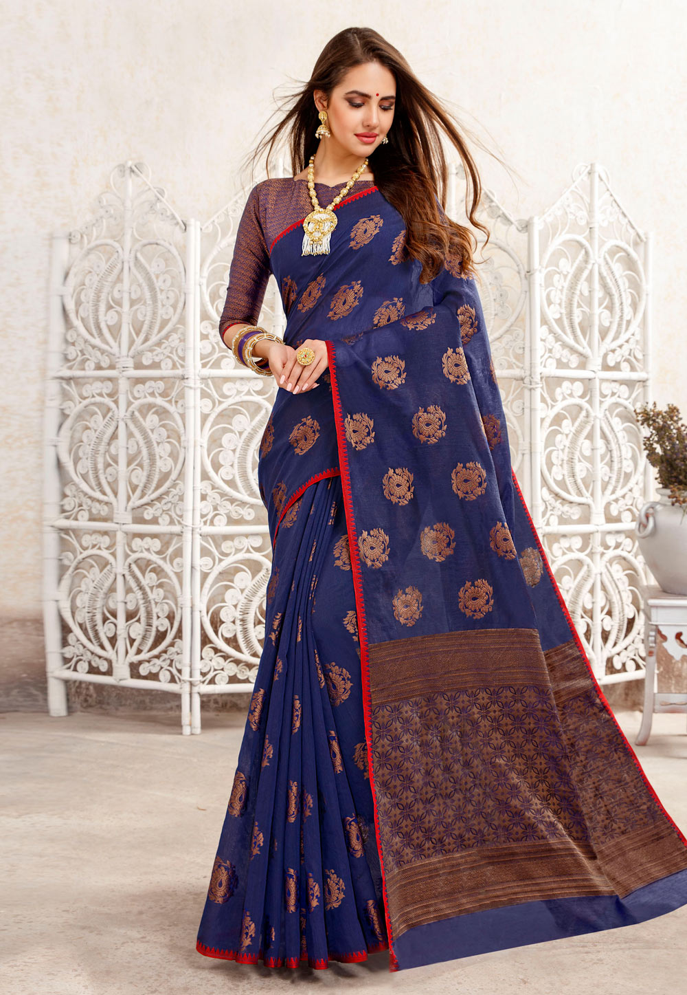 Navy Blue Linen Saree With Blouse 195660