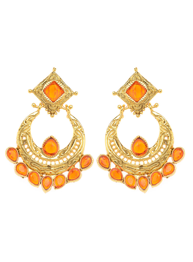 Orange Zinc Kundan Earrings 90365