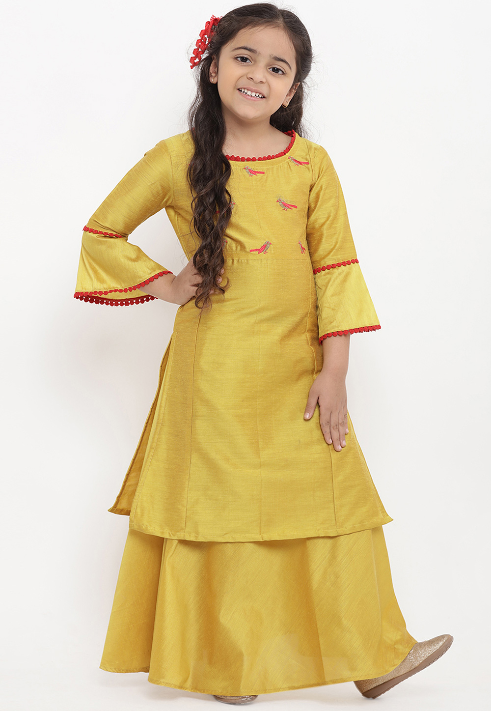 Yellow Chanderi Readymade kids Skirt and Top 202885