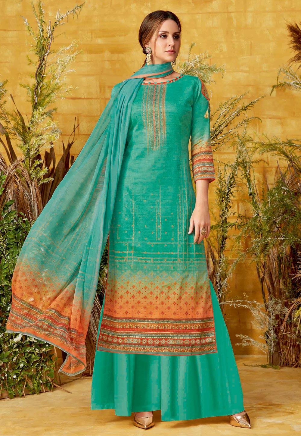 Turquoise Blue Cotton Printed Kameez With Palazzo 195707