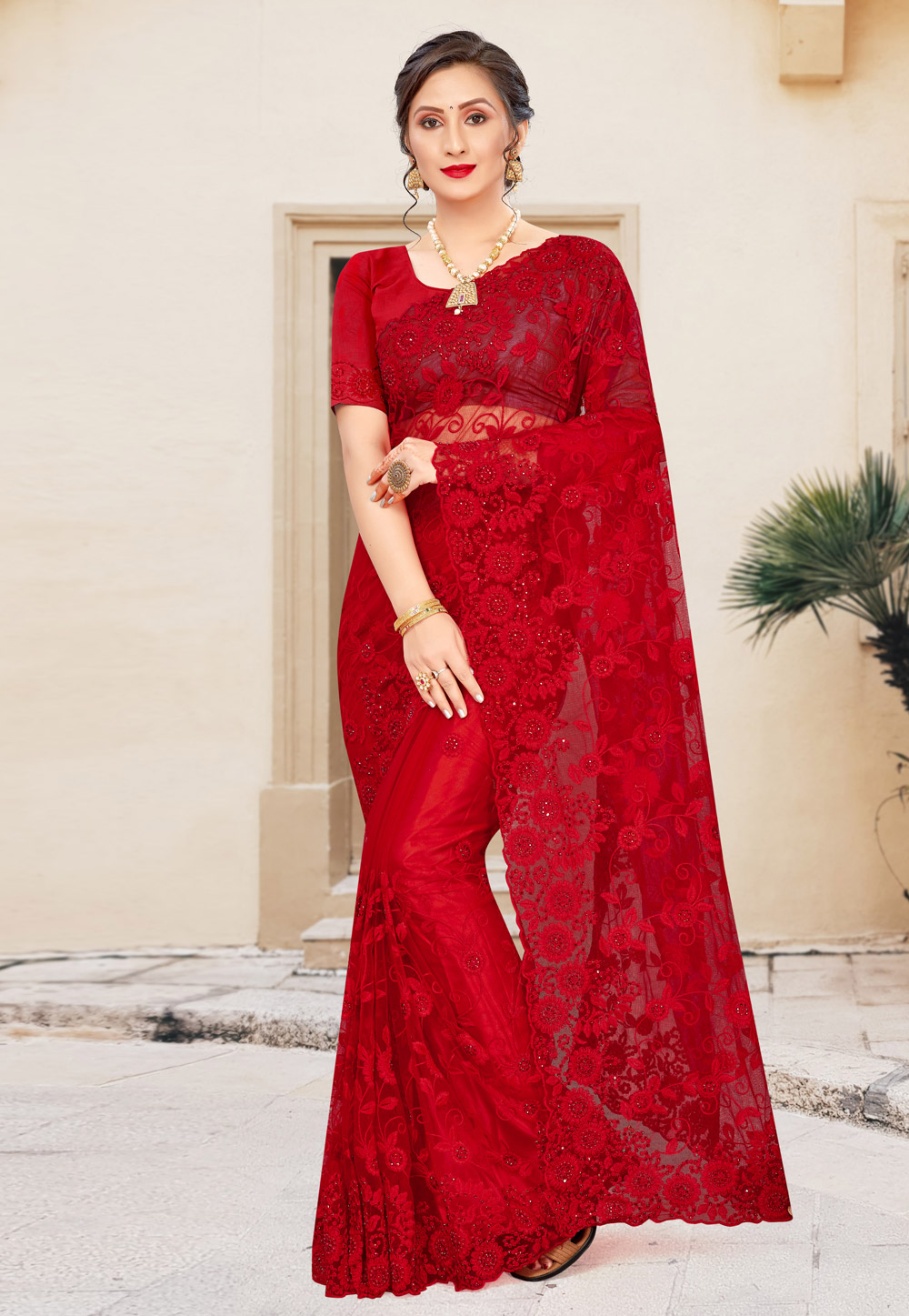 Red Net Saree With Blouse 228396