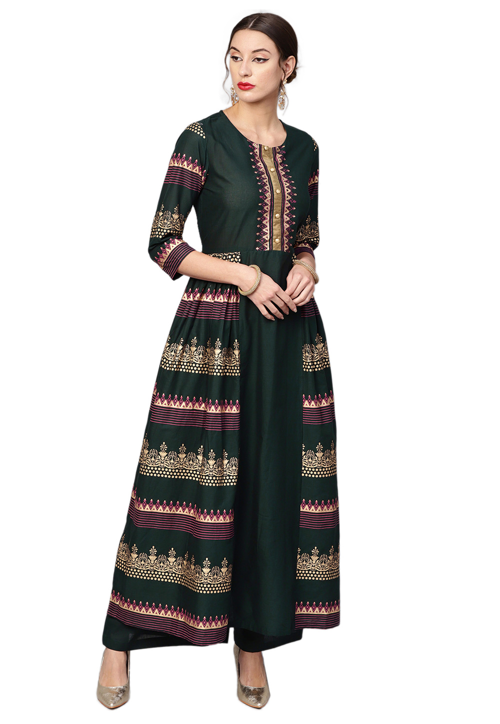 Dark Green Pure Cotton Readymade Kameez With Palazzo 200738