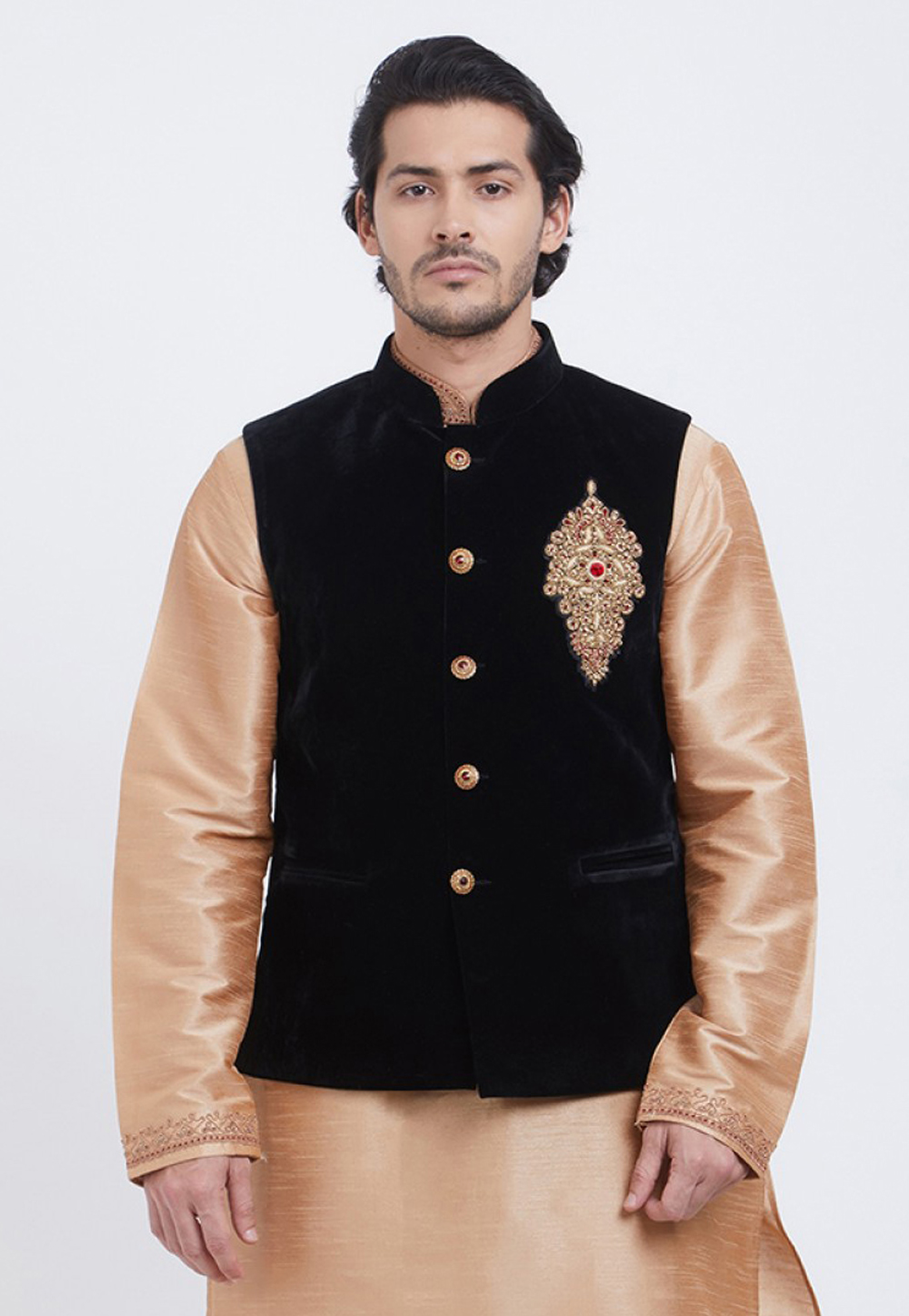 Buy Silk Cream Plain Men's Kurta Pajama With Woven Nehru Jacket MKPA03525