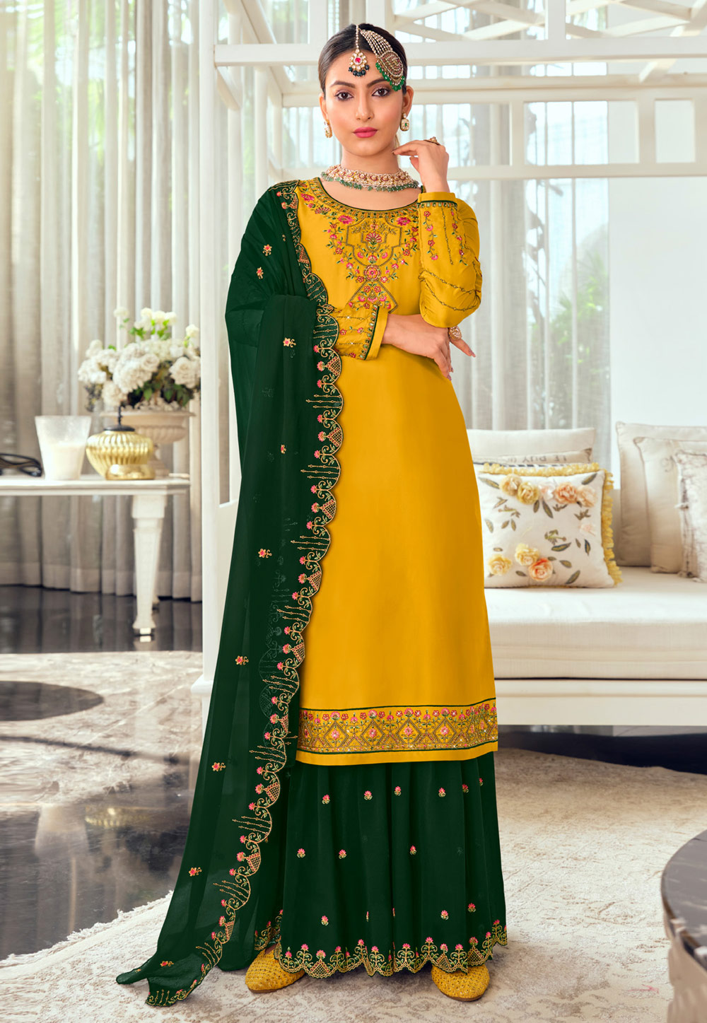 Yellow Georgette Satin Sharara Suit 256659