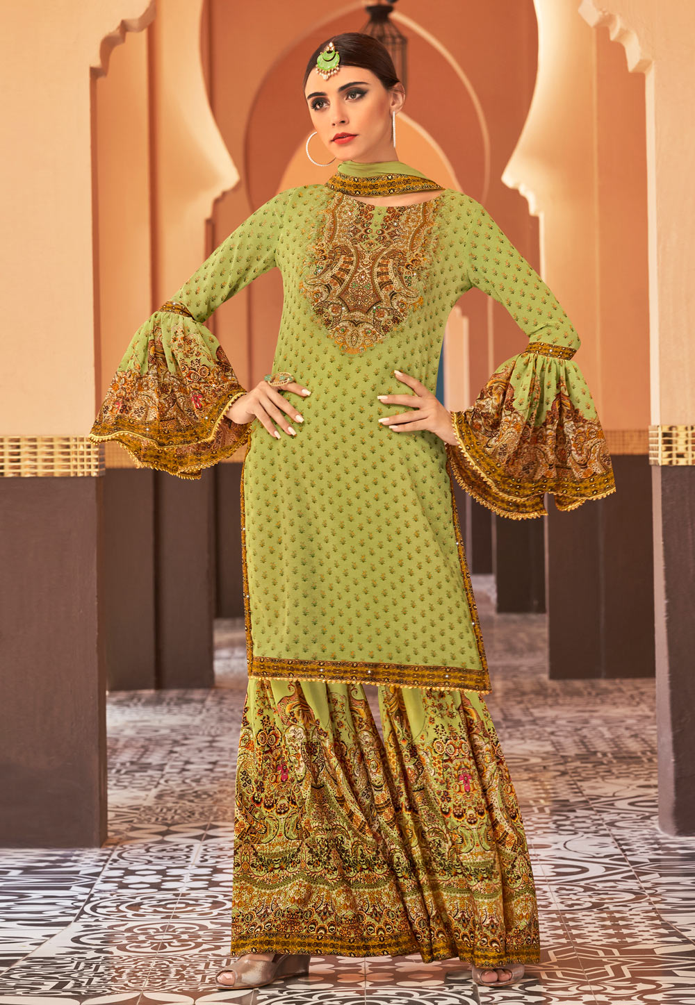 Light Green Faux Georgette Printed Sharara Suit 195532
