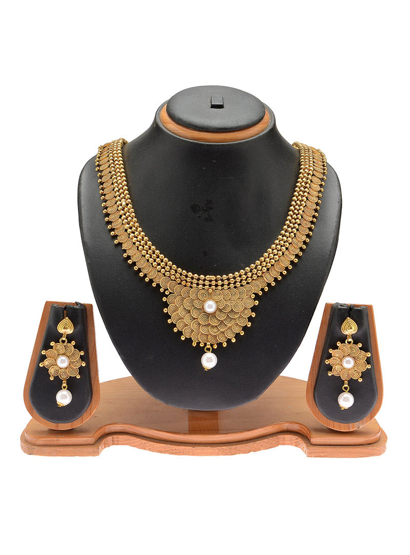 Golden Copper Pearl Necklace With Earrings 90417