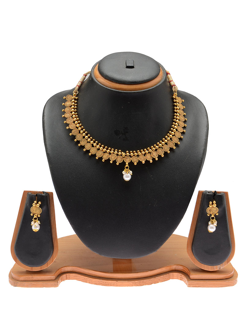 Golden Copper Pearl Necklace With Earrings 90418