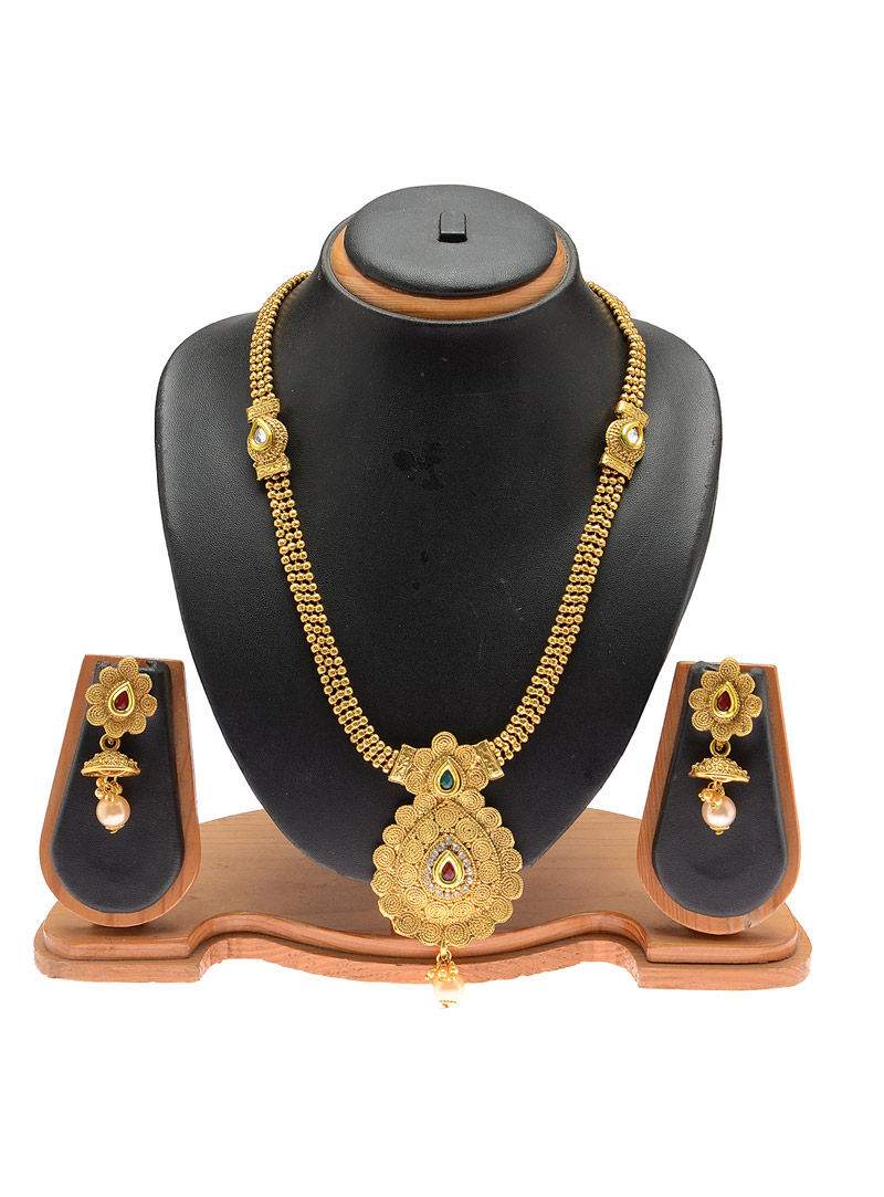 Golden Copper Kundan Necklace With Earrings 90420