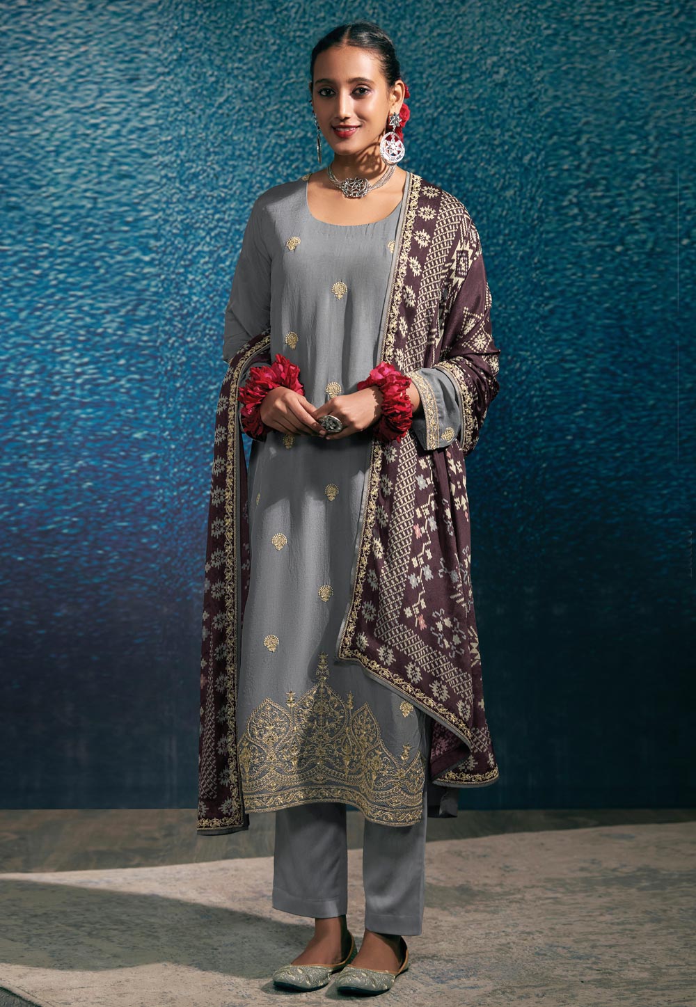 Grey Silk Pakistani Suit 264786