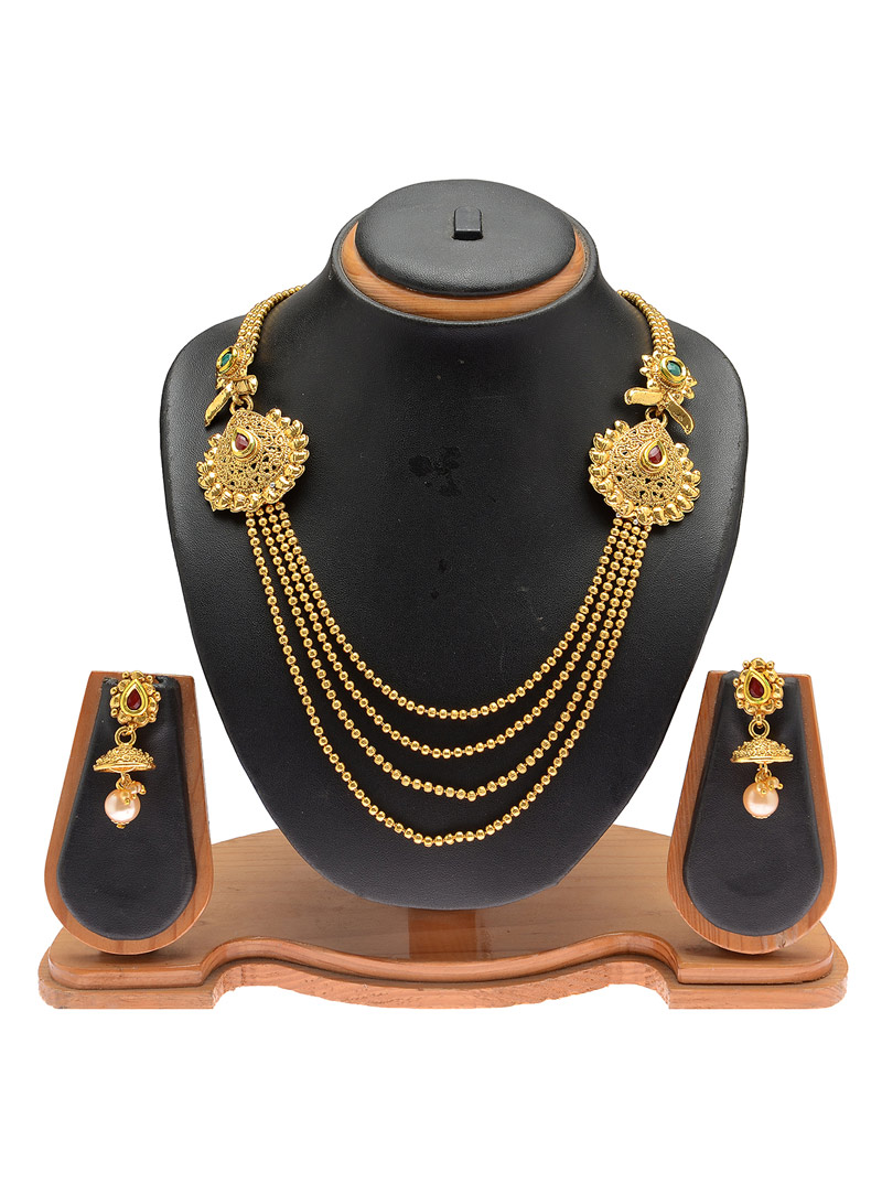 Golden Copper Kundan Necklace With Earrings 90430