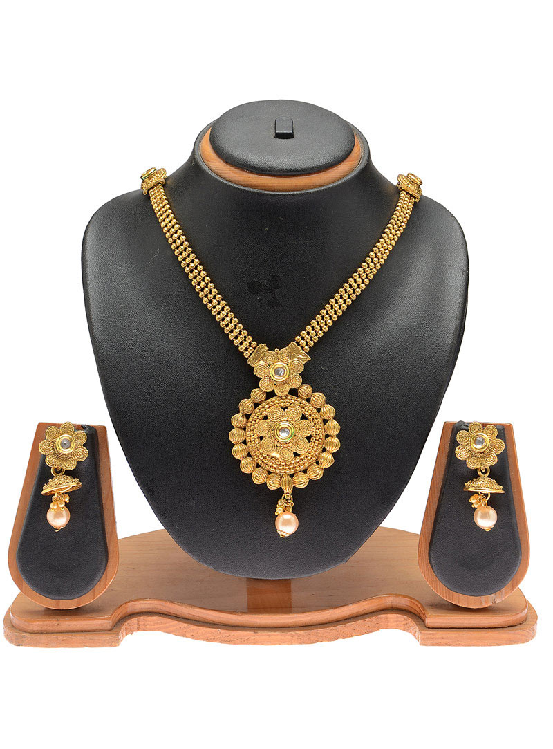 Golden Copper Kundan Necklace With Earrings 90431