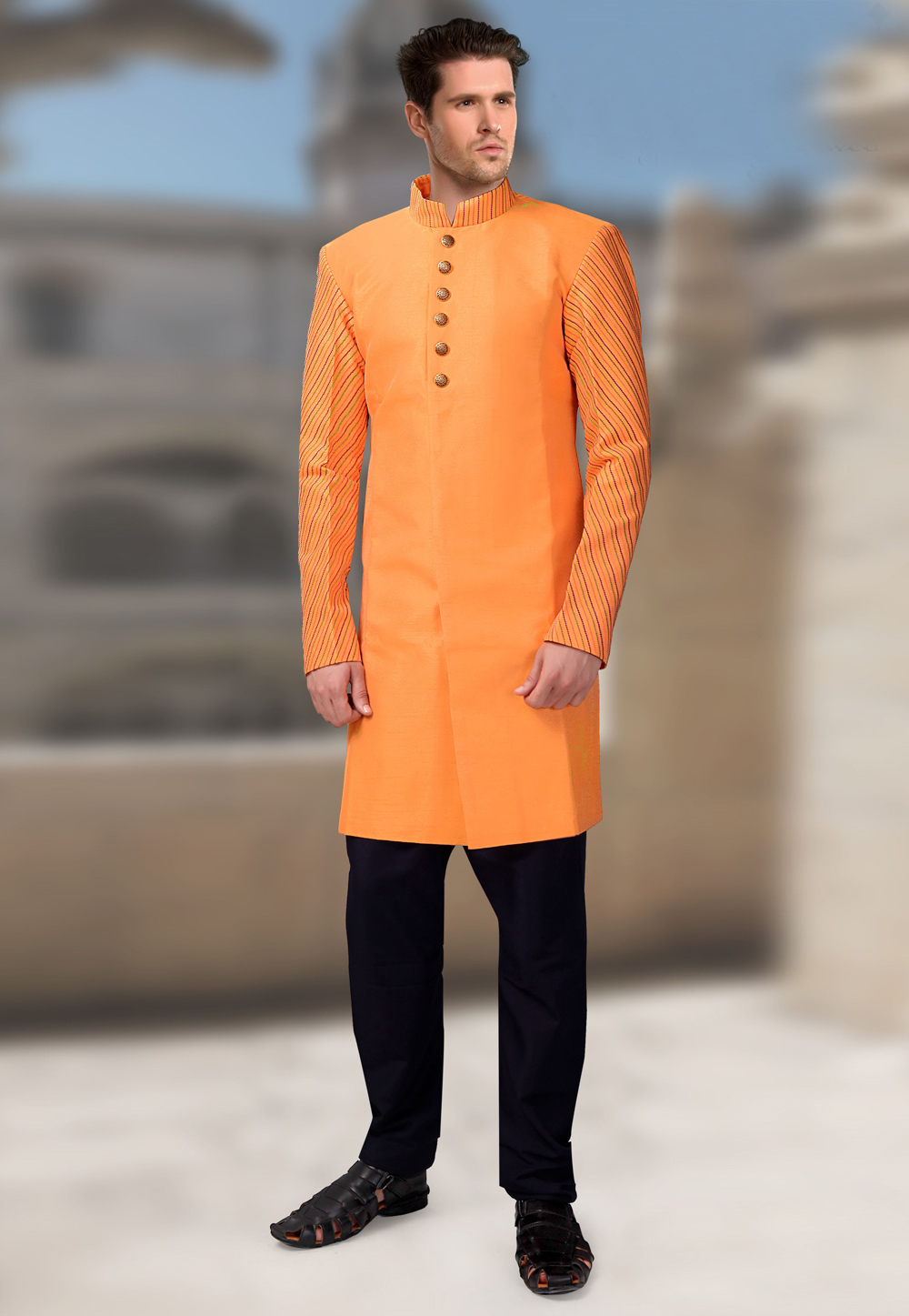 Orange Silk Readymade Indo Western Suit 196142