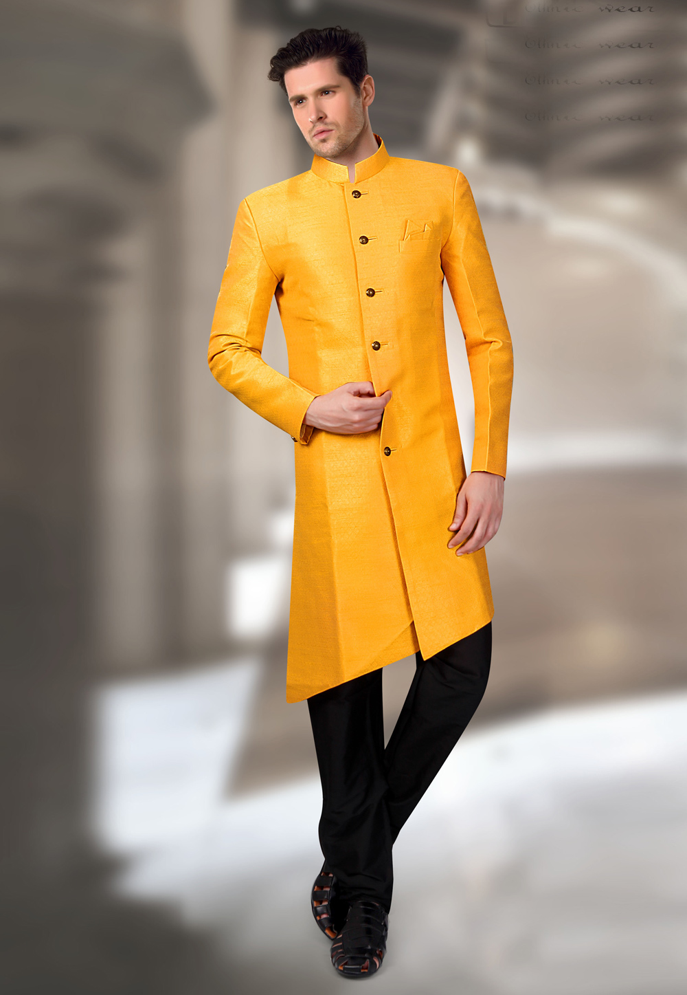 Yellow Silk Readymade Indo Western Suit 196144