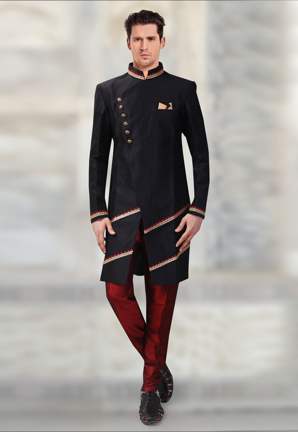 Black Silk Readymade Indo Western Suit 196146