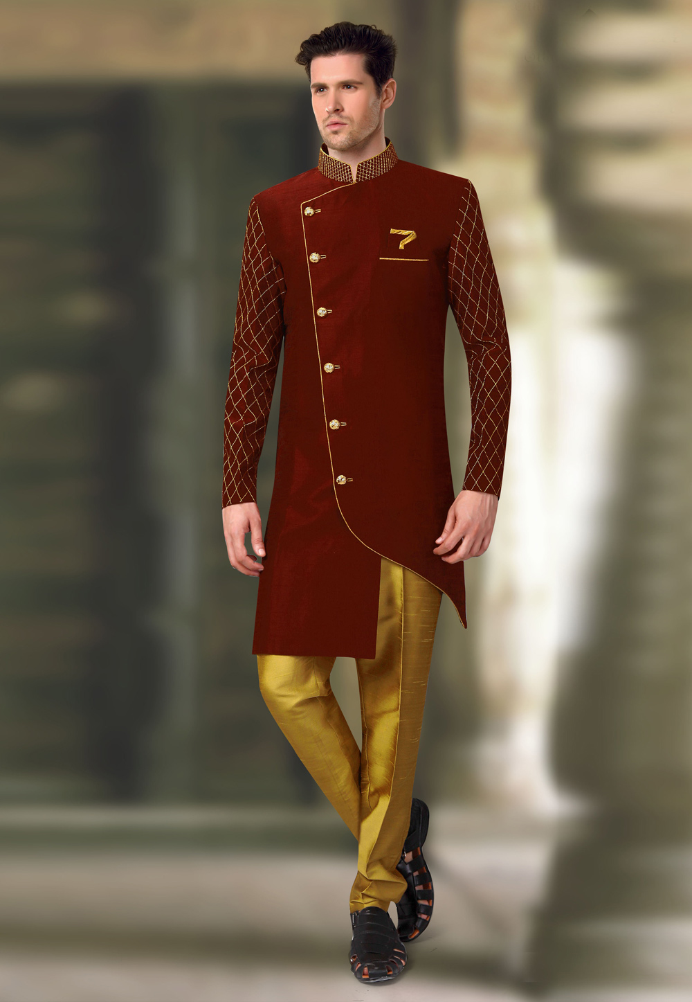 Maroon Silk Readymade Indo Western Suit 196149