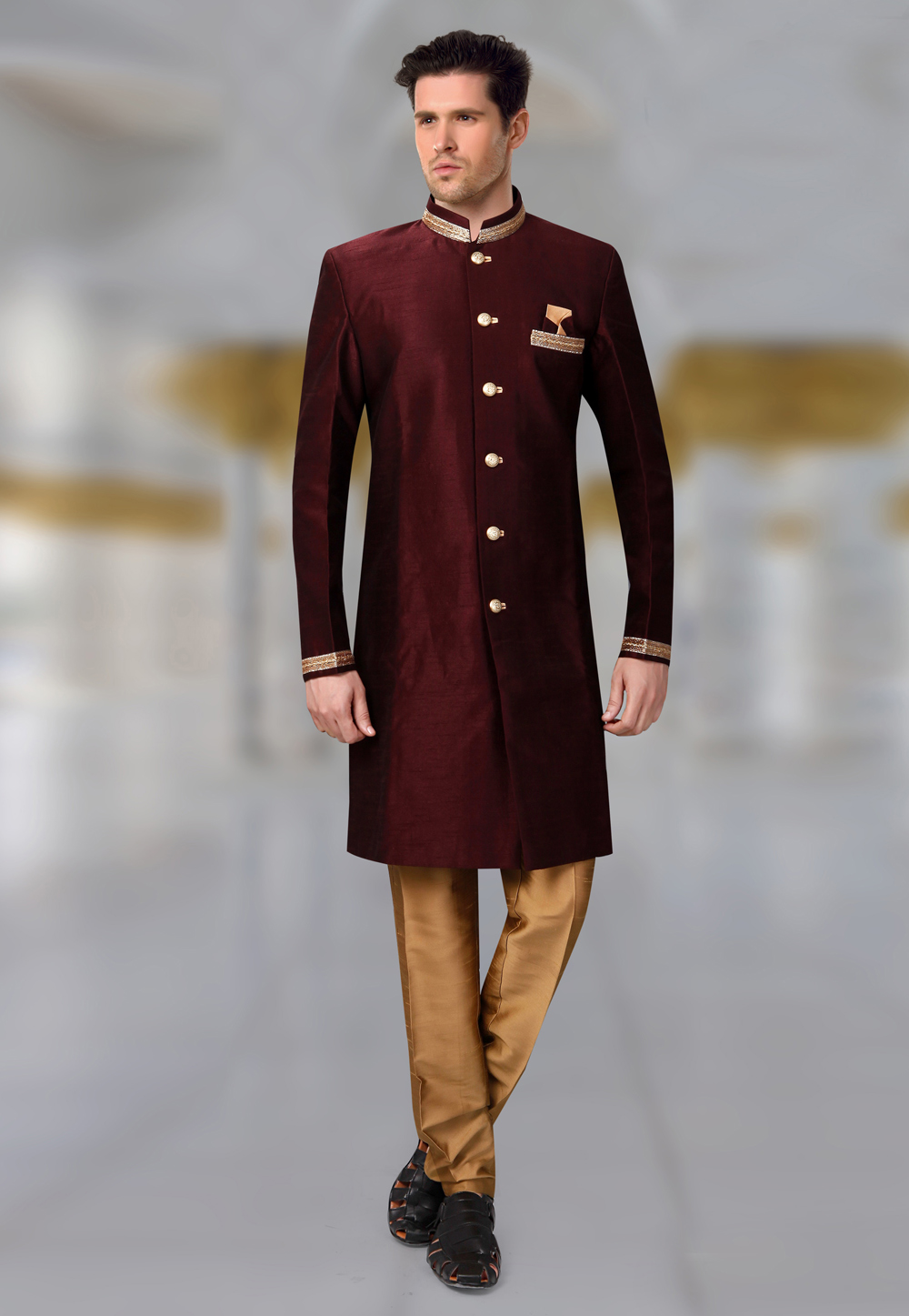 Maroon Silk Readymade Indo Western Suit 196150