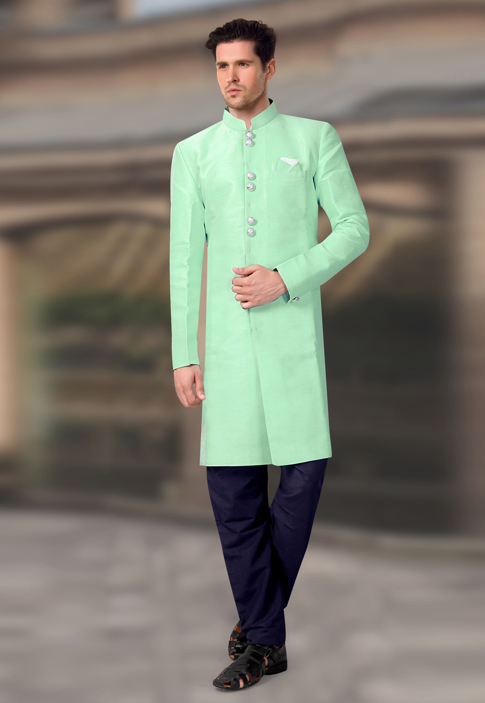 Light Green Silk Readymade Indo Western Suit 196151