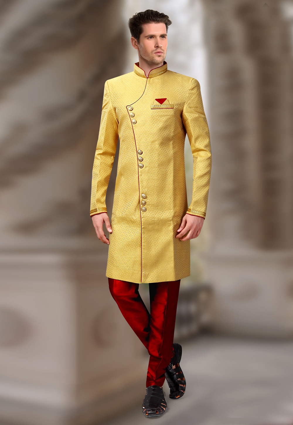 Golden Brocade Readymade Indo Western Suit 196152