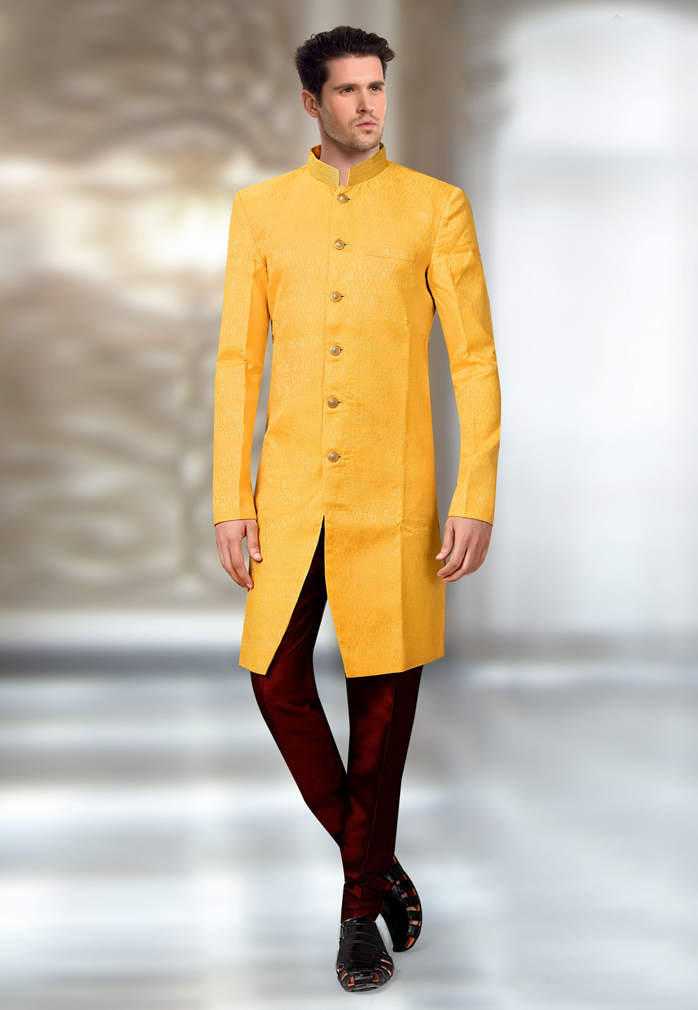 Yellow Jacquard Readymade Indo Western Suit 196155