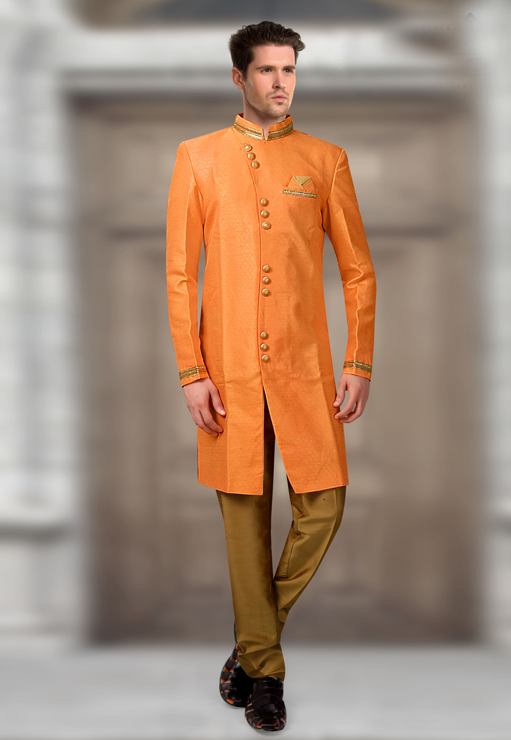 Orange Jacquard Readymade Indo Western Suit 196156