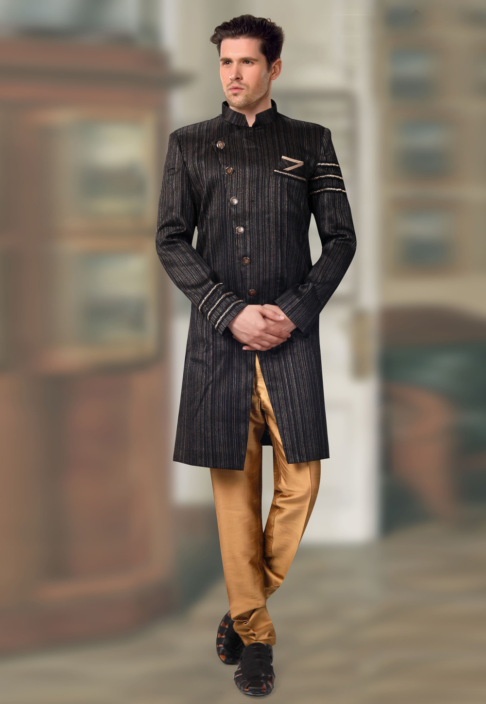 Black Jacquard Readymade Indo Western Suit 196157