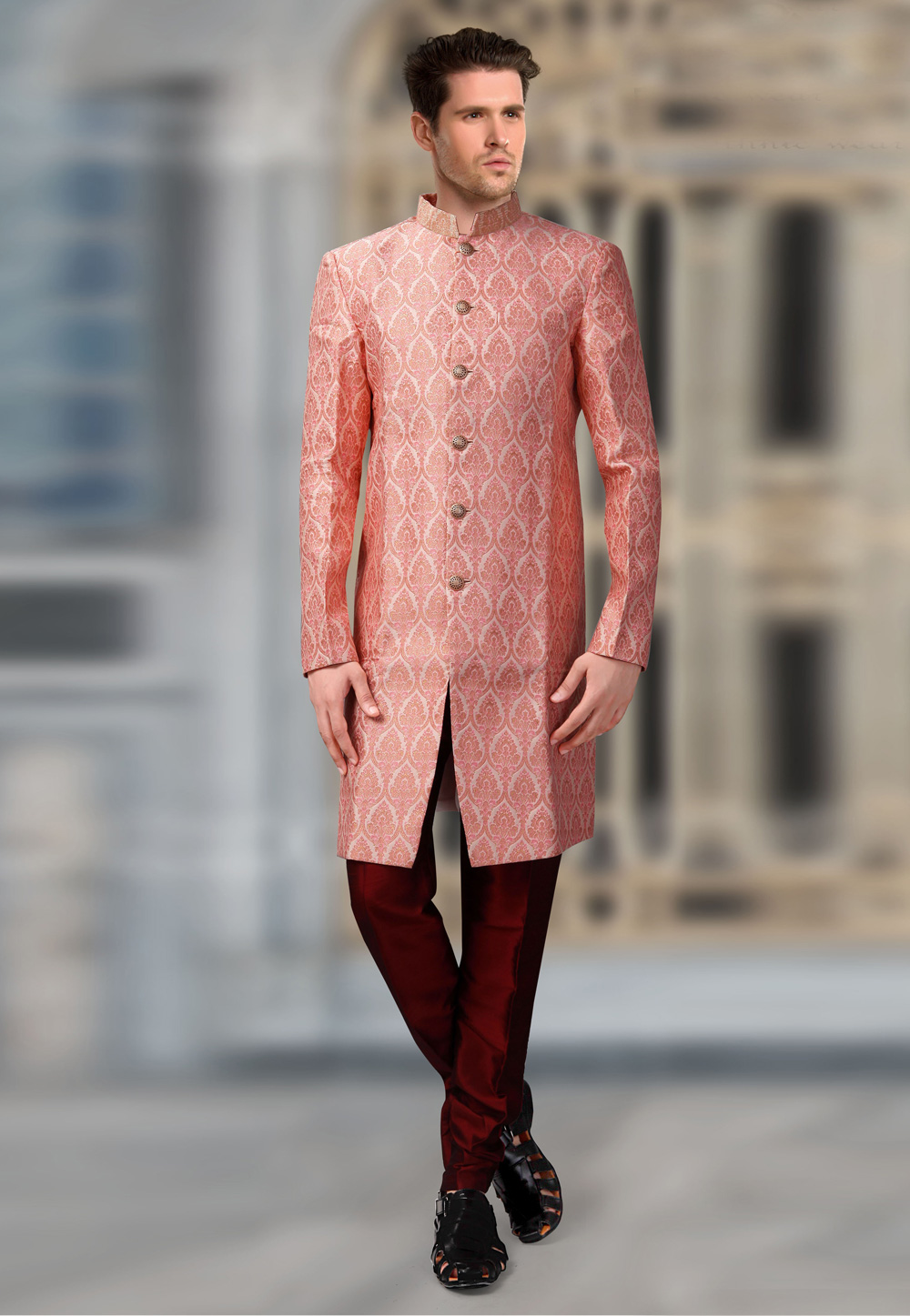 Pink Jacquard Readymade Indo Western Suit 196158